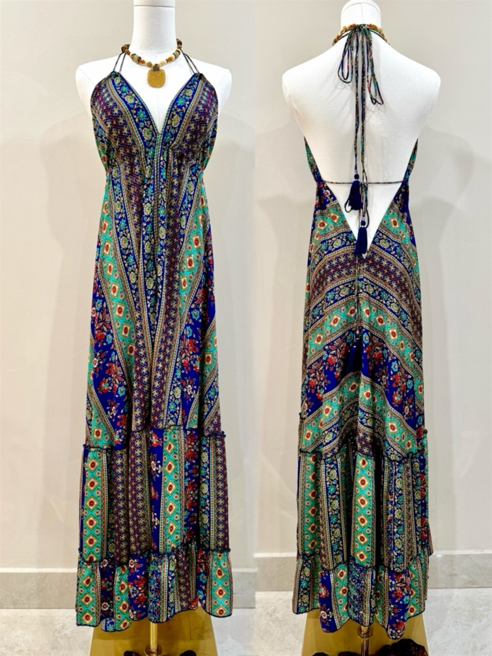 Zury Silk Blend Boho Maxi Dress Open Back Tassel Tiered Festival One Size